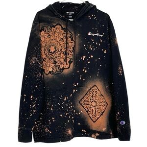 Upcycled Champion Hoodie Sweatshirt Tshirt Mens Size XL Black Floral Pocket OOAK